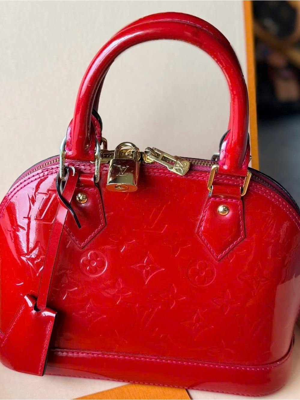 Louis Vuitton Red Patent Vernis Alma Satchel with Gold Hardware No Box